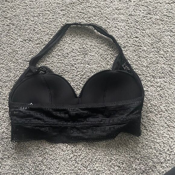 Aerie Wildflower Lace Padded Halter Bralette Sz Medium Black Sexy Boho Casual - Picture 4 of 5